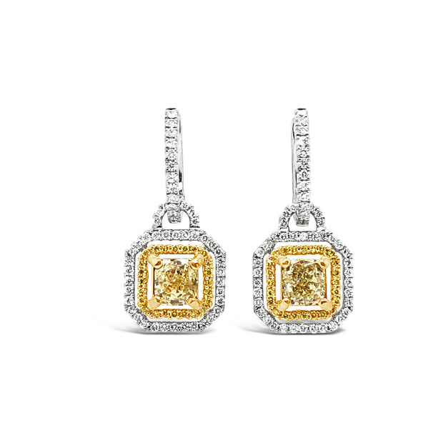 White/Yellow Gold Fancy Yellow Diamond Halo Dangle Earrings