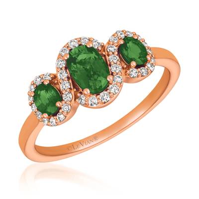 LeVian Rose Gold Emerald and Diamond Three Stone Halo Ring