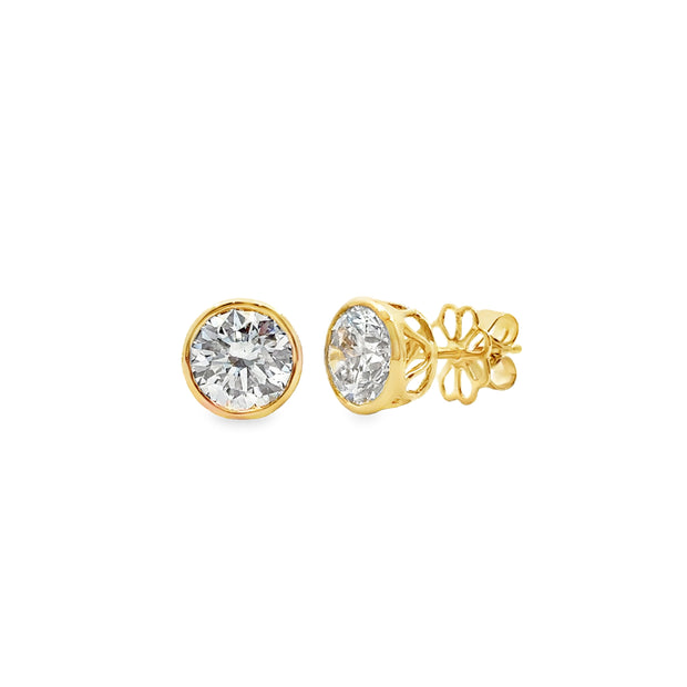 Lab Grown 3.05 Cttw. Yellow Gold Bezel Set Diamond Solitaire Earrings