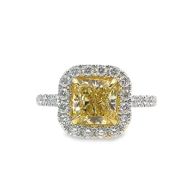 White/Yellow Gold Fancy Yellow Cushion Halo Diamond Ring