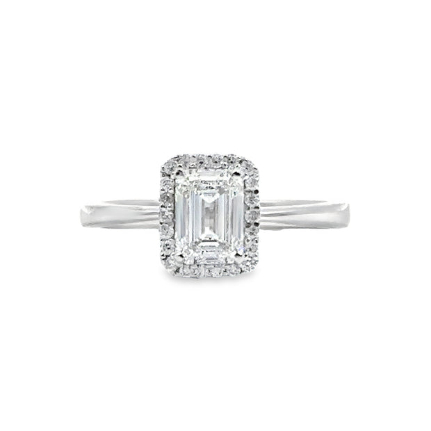 White Gold Lab Grown Emerald Cut Diamond Halo Engagement Ring