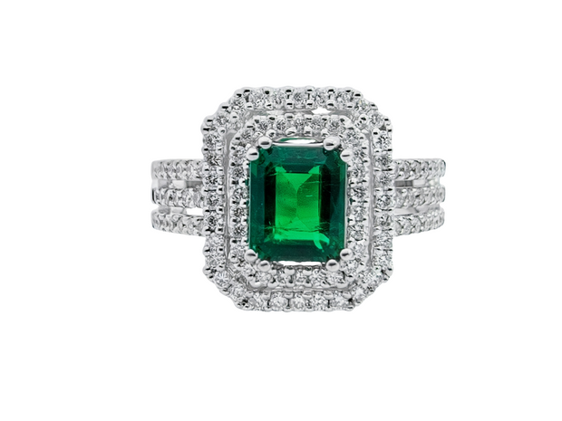 White Gold Emerald and Diamond Double Halo Ring