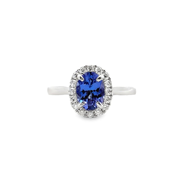 White Gold Tanzanite and Diamond Halo Ring