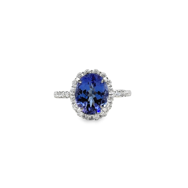 White Gold Tanzanite and Diamond Halo Ring