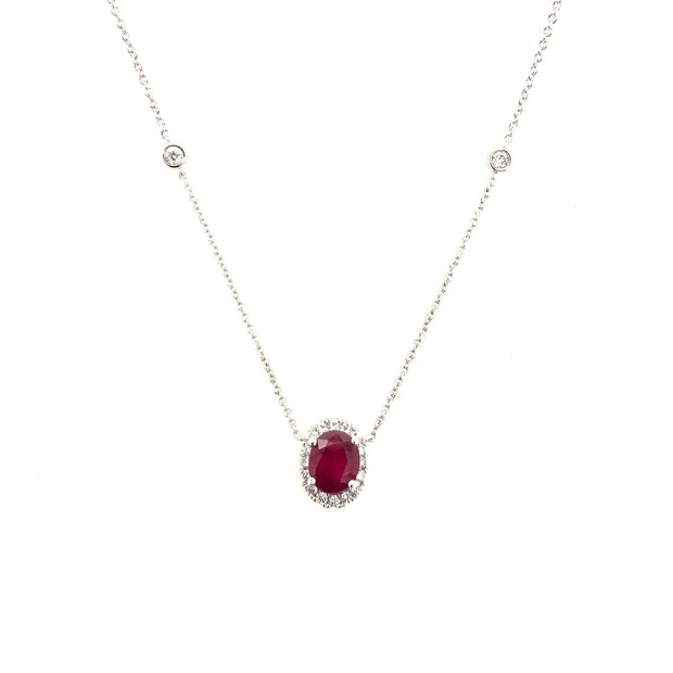 White Gold Ruby and Diamond Halo Necklace